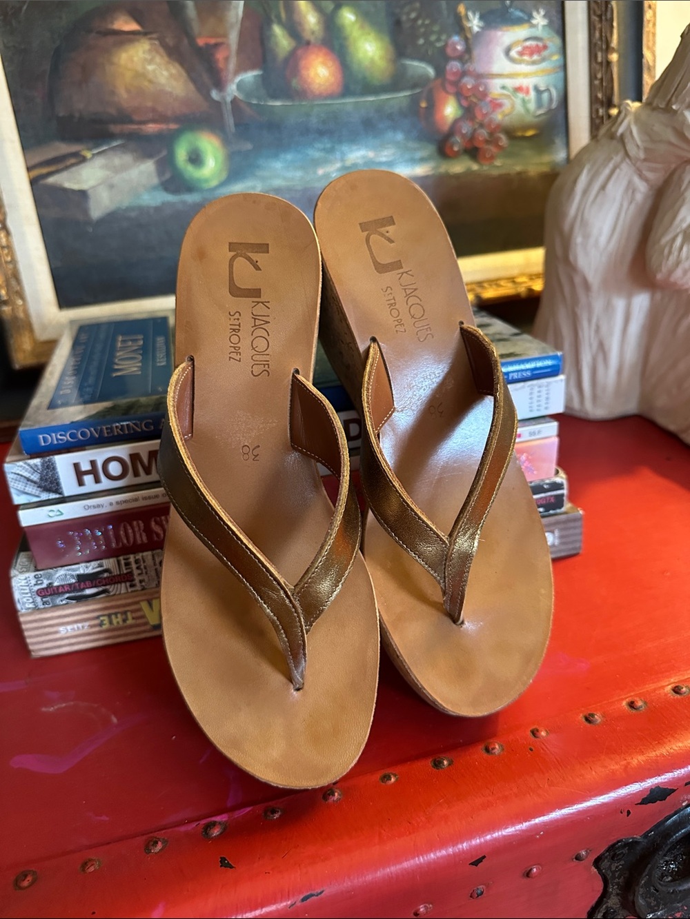 K.Jacques Metallic Gold Cork Platform Wedge Thong Sandals - Picture 5 of 6